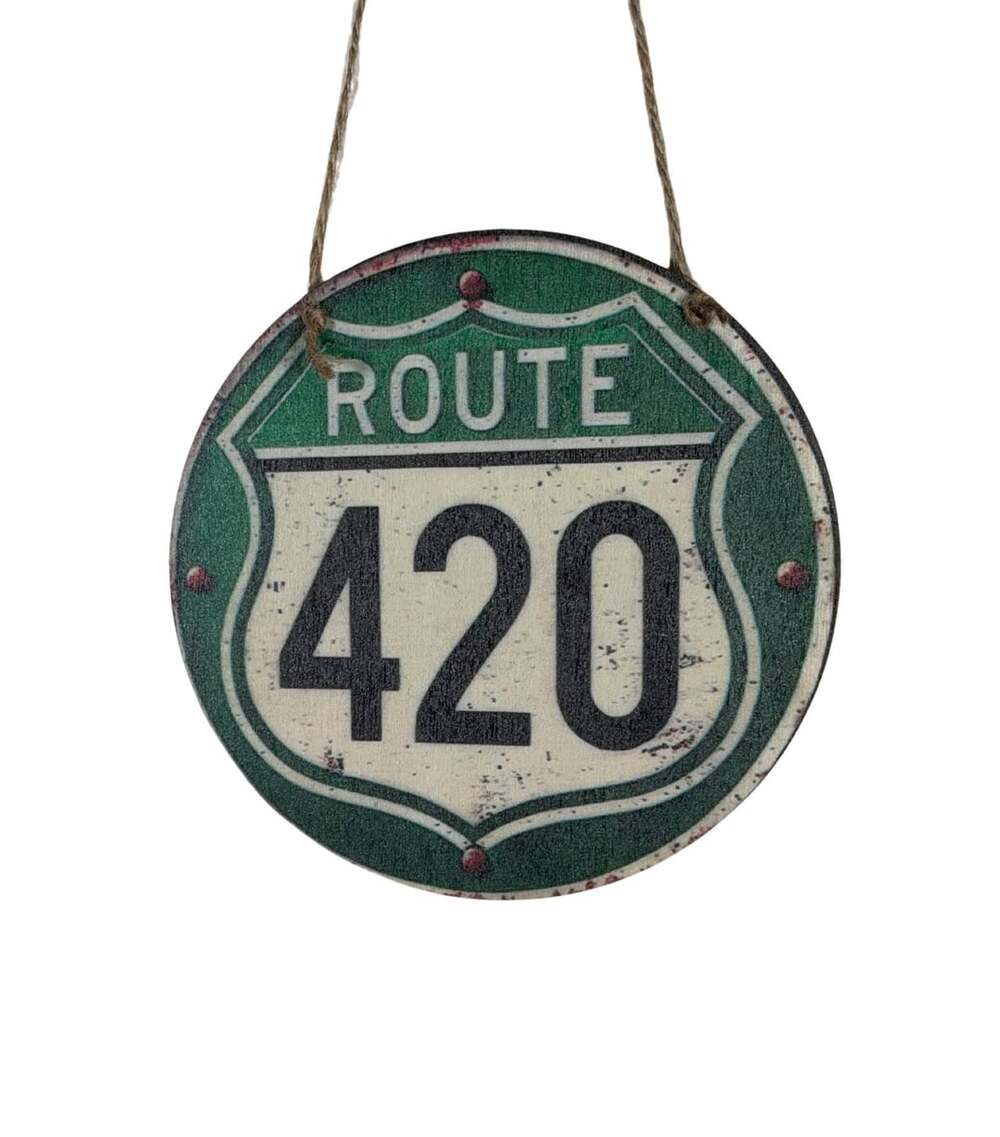Retro Wooden Route 420 Hanging Sign Round Green 6 Inch Round